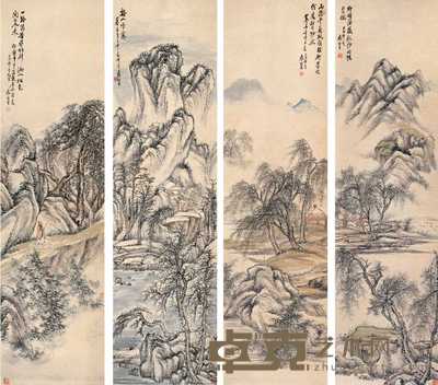 袁培基 1922年作 四季山水 四屏 150×40.5cm×4